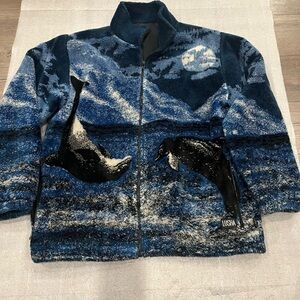 [L/XL]Lusha Blue and Black Dolphin Print Fleece Jacket VTG